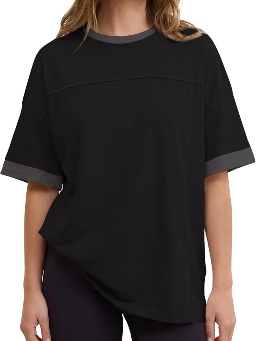 Aerie NWT Black Crew Oversized Boyfriend T-Shirt Gray Trim Size XL